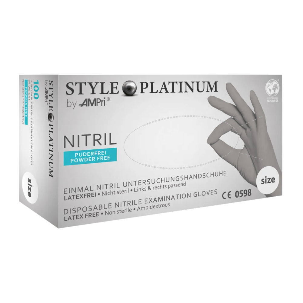 A box of MED-COMFORT AMPri STYLE PLATINUM powder-free nitrile gloves, silver-gray, labeled as latex-free, non-sterile, ambidextrous, and size S. The box shows a hand wearing a gray glove and text in German and English.