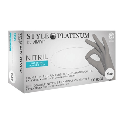 A box of MED-COMFORT AMPri STYLE PLATINUM powder-free nitrile gloves, silver-gray, labeled as latex-free, non-sterile, ambidextrous, and size S. The box shows a hand wearing a gray glove and text in German and English.