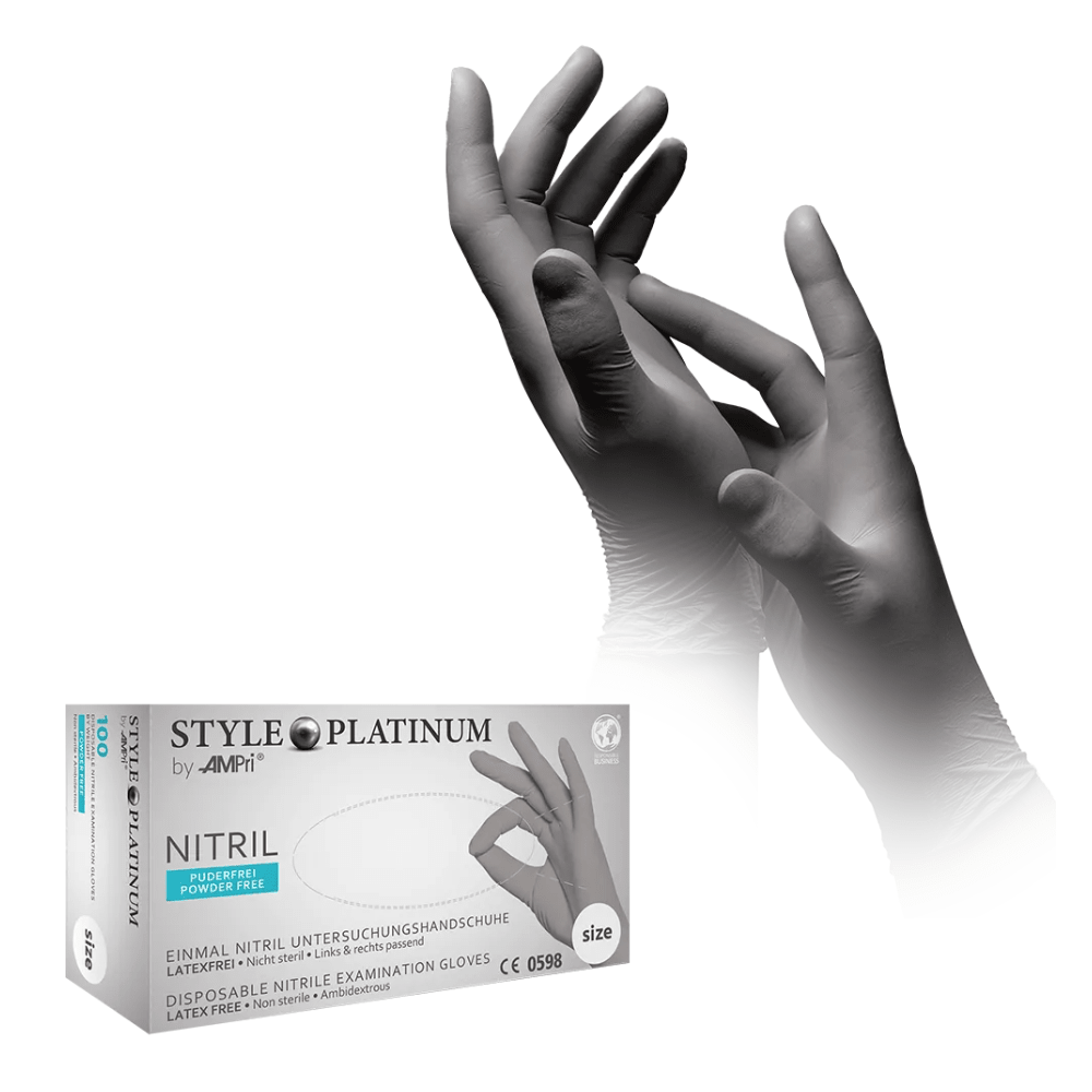 A pair of hands, adorned with silver-gray nitrile gloves, positioned as if adjusting the fit. Beneath the hands is a box labeled “AMPri STYLE PLATINUM Powder-Free Nitrile Gloves by MED-COMFORT,” which contains size S (small) disposable nitrile gloves. The gloves are latex-free and powder-free.