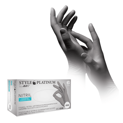 A pair of hands, adorned with silver-gray nitrile gloves, positioned as if adjusting the fit. Beneath the hands is a box labeled “AMPri STYLE PLATINUM Powder-Free Nitrile Gloves by MED-COMFORT,” which contains size S (small) disposable nitrile gloves. The gloves are latex-free and powder-free.