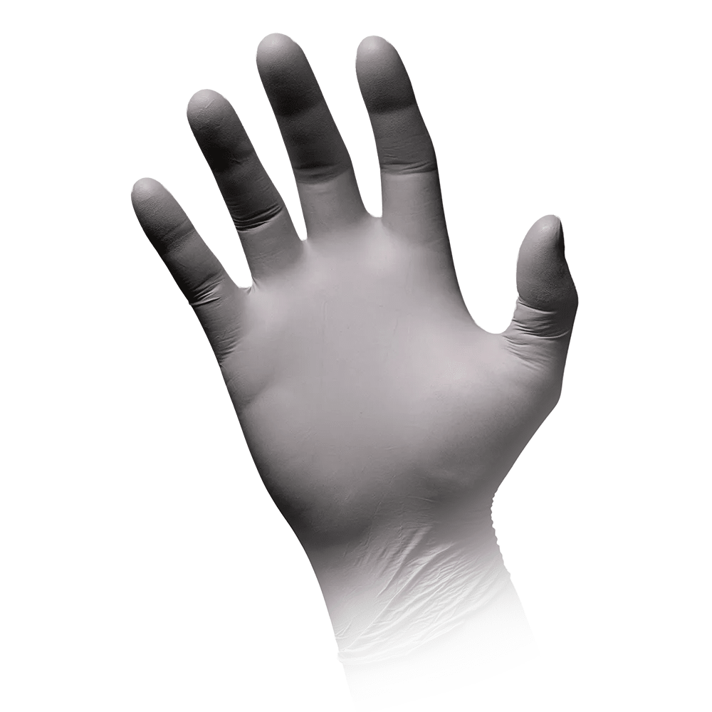 A single left hand wearing a silver-gray nitrile glove is shown with its fingers spread apart. The image depicts MED-COMFORT’s AMPri STYLE PLATINUM powder-free nitrile gloves, manufactured by AMPri Handelsgesellschaft mbH, and focuses on the palm and the front of the fingers. The wrist area is slightly out of focus. The background is plain white.