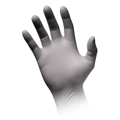 A single left hand wearing a silver-gray nitrile glove is shown with its fingers spread apart. The image depicts MED-COMFORT’s AMPri STYLE PLATINUM powder-free nitrile gloves, manufactured by AMPri Handelsgesellschaft mbH, and focuses on the palm and the front of the fingers. The wrist area is slightly out of focus. The background is plain white.