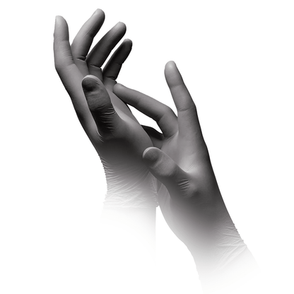 A grayscale image shows two hands wearing MED-COMFORT’s AMPri STYLE PLATINUM powder-free nitrile gloves in silver-gray, manufactured by AMPri Handelsgesellschaft mbH. One hand gently clasped around the other; both are held upward with fingers extended. The background is completely white, and the lower parts of the wrists gradually blend into the silver-gray background.