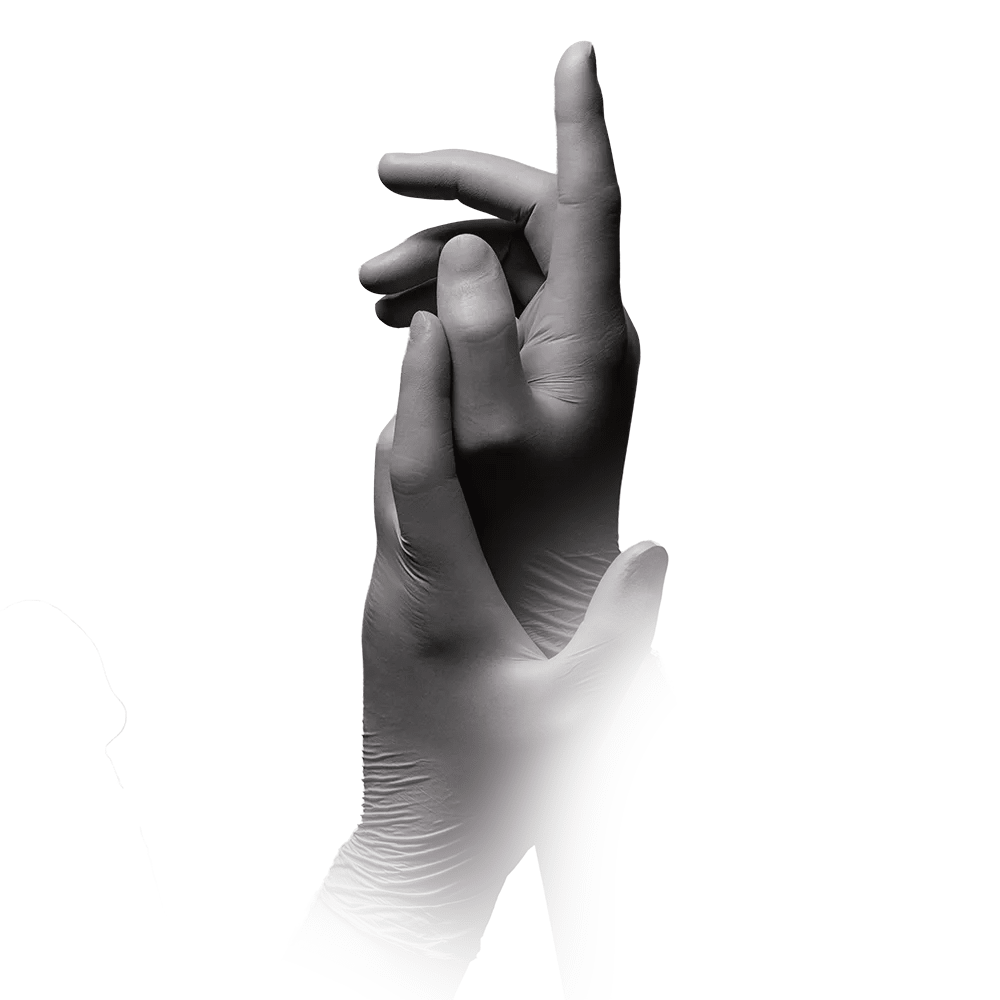 A pair of hands wearing MED-COMFORT’s AMPri STYLE PLATINUM powder-free nitrile gloves, in silver-gray from AMPri Handelsgesellschaft mbH, are positioned against a white background. The right hand is raised slightly, with the fingers curled upward, while the left hand is positioned lower and partially obscured by the right hand, highlighting its powder-free design.