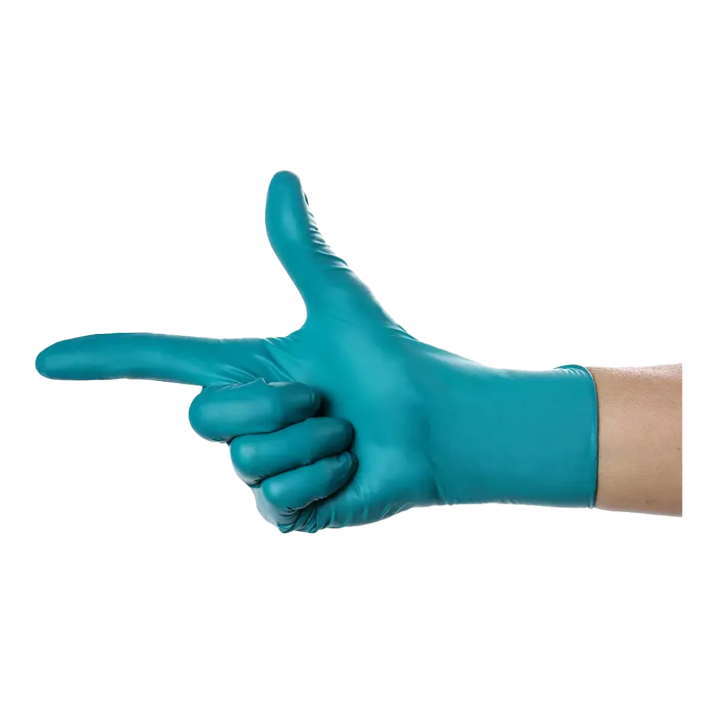 Eine Hand mit einem AMPri SolidSafety ChemN Special Nitril Chemikalienschutzhandschuh der AMPri Handelsgesellschaft mbH steht vor einem weißen Hintergrund. Die Finger sind ausgestreckt und leicht gebeugt in einer Fingerpistolengeste, wobei der Daumen nach oben und der Zeigefinger nach vorne zeigt, was die hervorragende chemische Beständigkeit des Handschuhs unterstreicht.