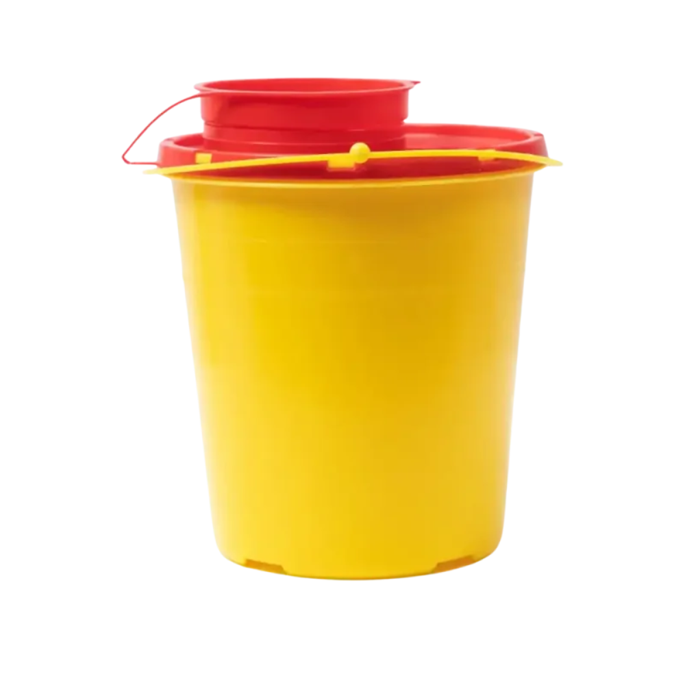 The AMPri CP needle disposal box from AMPri Handelsgesellschaft mbH is a yellow needle disposal box made of copolymer and polypropylene with a red lid for controlled pouring and a carrying handle. It is odor-proof and leak-proof, making it ideal for safe disposal.