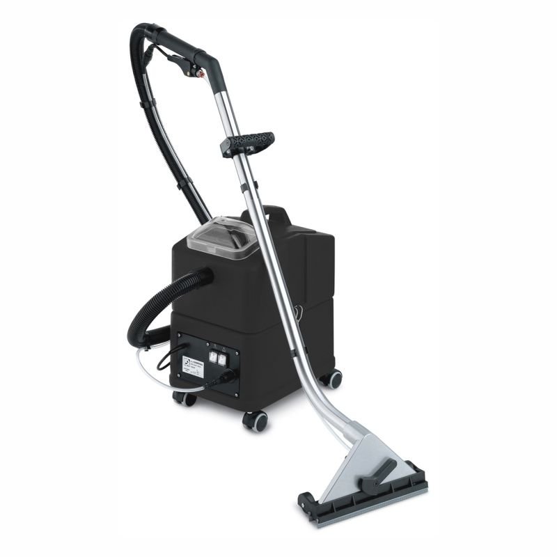 The Arcora Aniko 30 spray extraction machine from Arcora International GmbH is a black-silver device for carpet cleaning with a long handle, wide floor nozzle with hose, wheels for mobility, and a practical side control panel.
