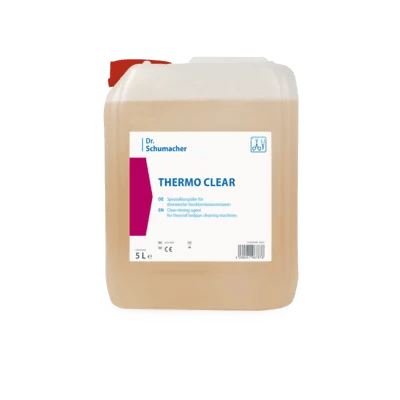 Ein 5-Liter-Kanister der Dr. Schumacher GmbH THERMO CLEAR mit rotem Deckel und Produktinformationsetikett, konzipiert für die hygienische Reinigung.