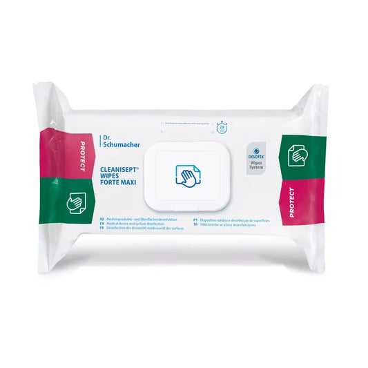 Eine Packung Dr. Schumacher Cleanisept® Wipes Maxi Desinfektionstücher (100 Stück) der Dr. Schumacher GmbH mit wiederverschließbarem Deckel, blauen und rosafarbenen Piktogrammen und Text auf Weiß, konzipiert für schnelle Schnelldesinfektion-alkoholfrei.