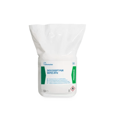 Ein weißer Kunststoffbeutel mit der Aufschrift "Dr. Schumacher DESCOSEPT PUR WIPES RTU | Spender (120 Tücher)" der Dr. Schumacher GmbH ist mit blauer und grüner Schrift, einem chemischen Gefahrensymbol und einem Abreißverschluss versehen - ideal für die Desinfektion von medizinischen Geräten.