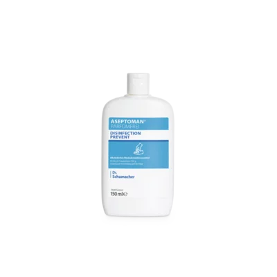 A white 150 ml bottle of Dr. Schumacher Aseptoman® perfume-free hand sanitizer from Dr. Schumacher GmbH with a blue label and white cap stands upright on a plain light gray background.