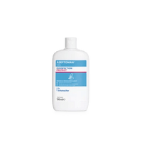 The image shows a white 150-ml bottle of Aseptoman® Gel hand sanitizer from Dr. Schumacher GmbH against a solid, light-colored background, featuring a blue, white, and pink label with brand and product information.