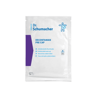Die Dr. Schumacher Decontaman Pre Cap Waschhaube | Packung (1 Haube) von Dr. Schumacher GmbH kommt in einer weißen Packung mit blau/violetter Schrift und mehrsprachigen Infos - perfekt für die antimikrobielle Reinigung mit der DECONTAMAN CAP Waschhaube.