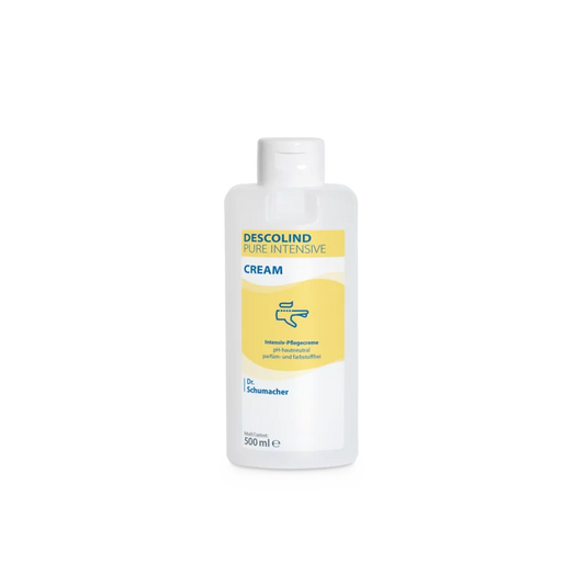 Abgebildet ist eine weiße 500-ml-Plastikflasche der Dr. Schumacher Descolind Pure Intensivcreme der Dr. Schumacher GmbH, unparfümiert und für empfindliche Haut geeignet, mit einem gelb-blauen Etikett, das ein Handsymbol zeigt, auf einem schlichten weißen Hintergrund.