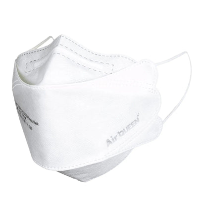 The particle-filtering mouth-nose protection mask Air Queen CE2163 has a white design with visible ear loops and the text "Air QUEEN" printed on the side. It is made of flexible, breathable material and equipped with a nano-fiber filter.