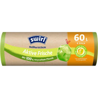A role Swirl Active Fresh Trash Bags, 60 L, Tear-Resistant & Leak-Proof by Melitta Europa (8 bags), in brown-and-green packaging with product information and a citrus scent symbol, made from 100% recycled plastic.