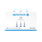 Pictured is a box labeled "Alphacheck TRI Safety Lancets 28G | Pack (100 pieces)" by Berger Med GmbH. It contains 100 safety lancets with dimensions 28G x 1.4 mm, 1.8 mm, and 2.2 mm for capillary blood sampling. On the front of the box, there are images of three lancets and text in shades of blue and black describing the safety mechanism.
