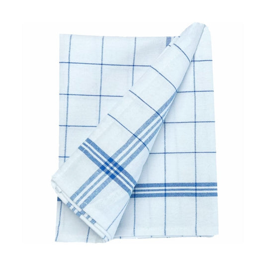 Das Arcora Profi Geschirrtuch Blau-Weiss von Arcora International GmbH (Packung mit 10 Stück) aus weißer Baumwolle mit blau kariertem Muster und Streifen – perfekt für fusselfreies Trocknen, präsentiert auf schlicht weißem Hintergrund.