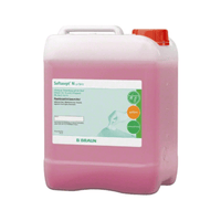 A 5-liter container with B. Braun Softasept® N Skin Disinfectant, tinted, is a liquid hand sanitizer known for its virucidal and bactericidal properties. With a red cap and pink liquid, it features product information and the branding of the B. Braun Deutschland GmbH & Co. KG is labeled as such and is therefore ideal for effective skin disinfection.