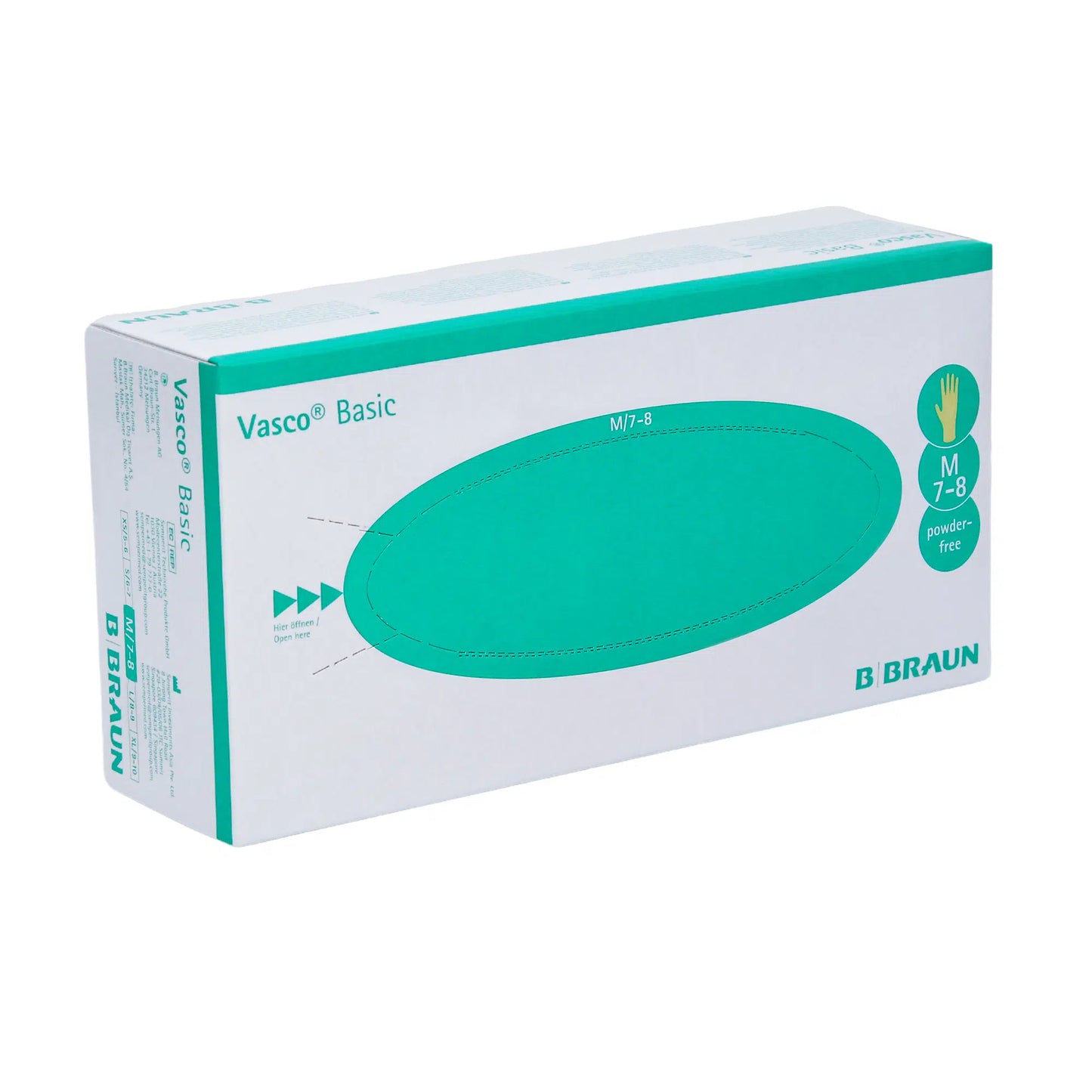 Box mit B. Braun Vasco® Basic Untersuchungshandschuhen aus Latex, Größe M/7-8, puderfrei, von B. Braun Deutschland GmbH & Co. KG. Auf der überwiegend weiß-blaugrünen Box sind ein Handsymbol und ein Text zu sehen, der auf die Spezifikationen des medizinischen Untersuchungshandschuhs hinweist.