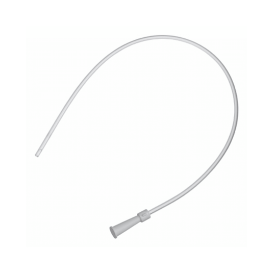 Ein Bild des B. Braun Absaugkatheters Typ Ideal mit gerader Spitze und farbcodierten Trichteradaptern. Der flexible, weiße medizinische Schlauch ist halbkreisförmig gewickelt, was seine hervorragenden Gleiteigenschaften vor dem schlichten weißen Hintergrund hervorhebt.