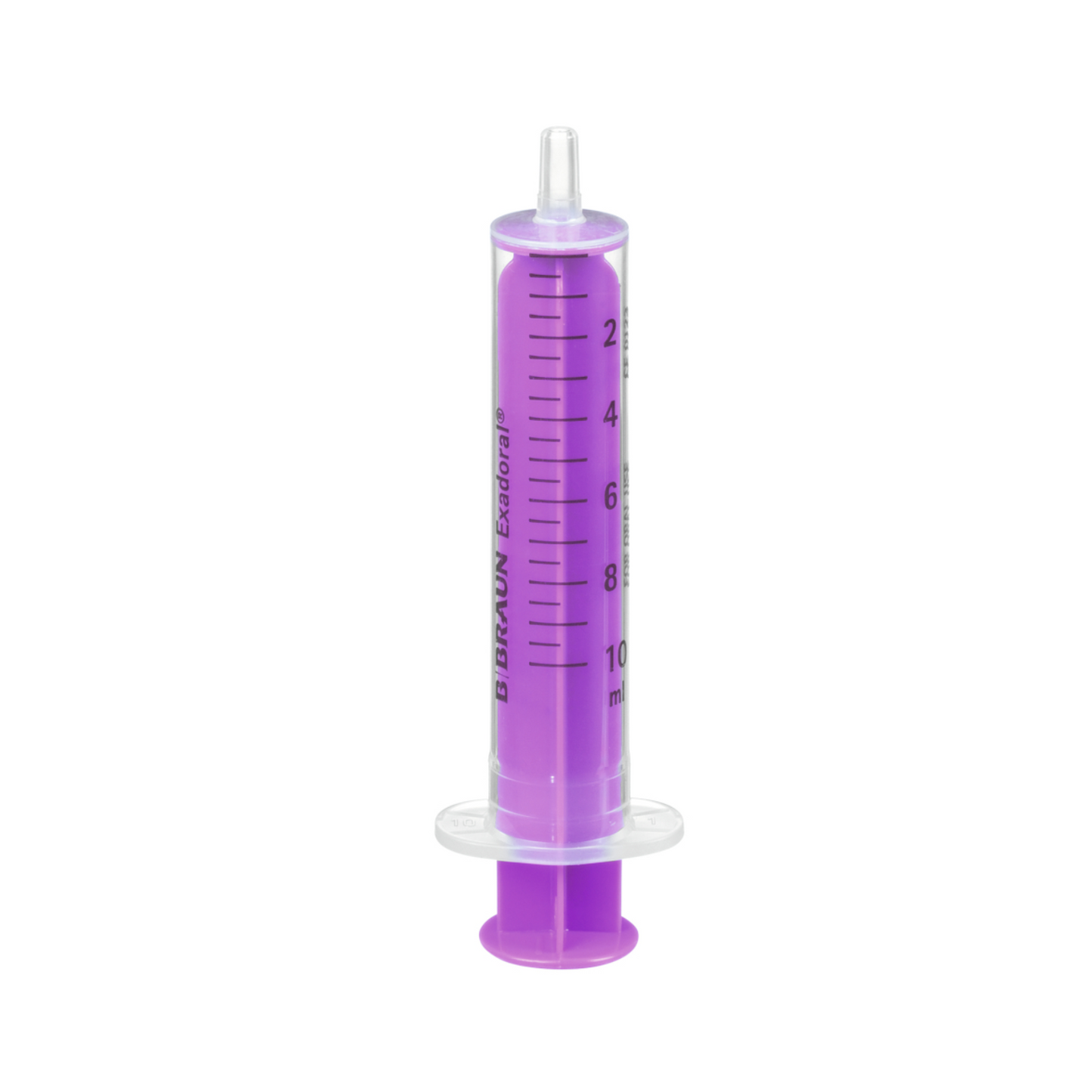 A purple B.Braun Exadoral® disposable syringe for oral administration of medication and liquids made of plastic with measurement markings from 1 to 10 milliliters and a transparent protective cap, perfect for precise oral administration, equipped with technology from B. Braun Germany GmbH & Co. KG.