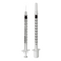 Two B. Braun Omnican®-F syringes, one with an integrated needle and one with a cap, stand vertically. Each syringe features milliliter measurement markings with black text on its transparent plastic cylinder, making it ideal for subcutaneous injections against a simple white background.