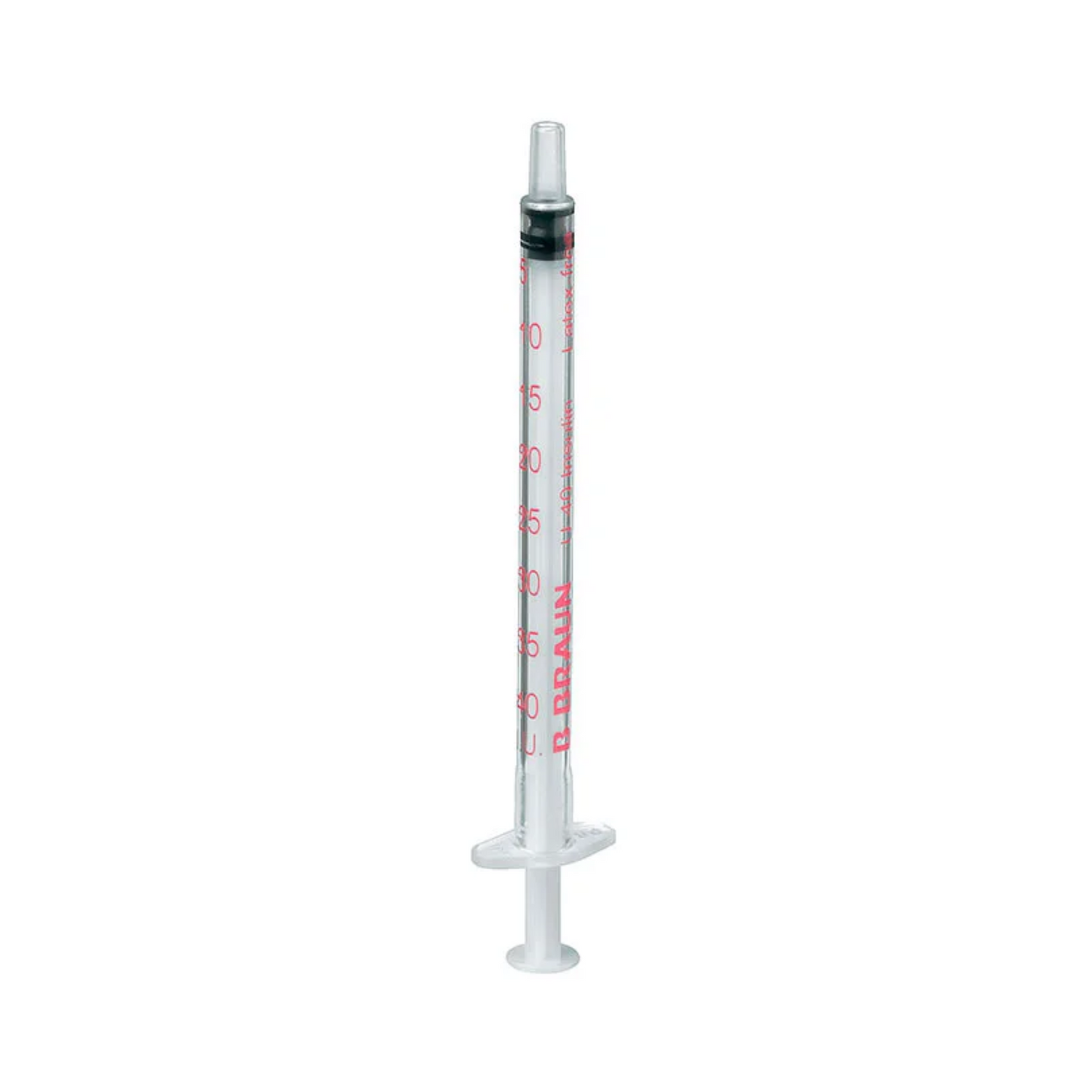 A B. Braun Omnifix® 40 Solo disposable insulin syringe (10 ml, closed tip, red marking) from B. Braun Germany GmbH & Co. KG stands upright against a white background; package contains 10 pieces (discontinued item).