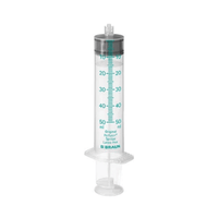 The B. Braun The Original Perfusor® syringe, a clear polypropylene syringe with blue-green markings for 0 to 50 milliliters, comes with a cap and bears the inscription “B. Braun "Deutschland GmbH & Co. KG." It is displayed on a white background and resembles those used in Perfusor syringe pump systems.