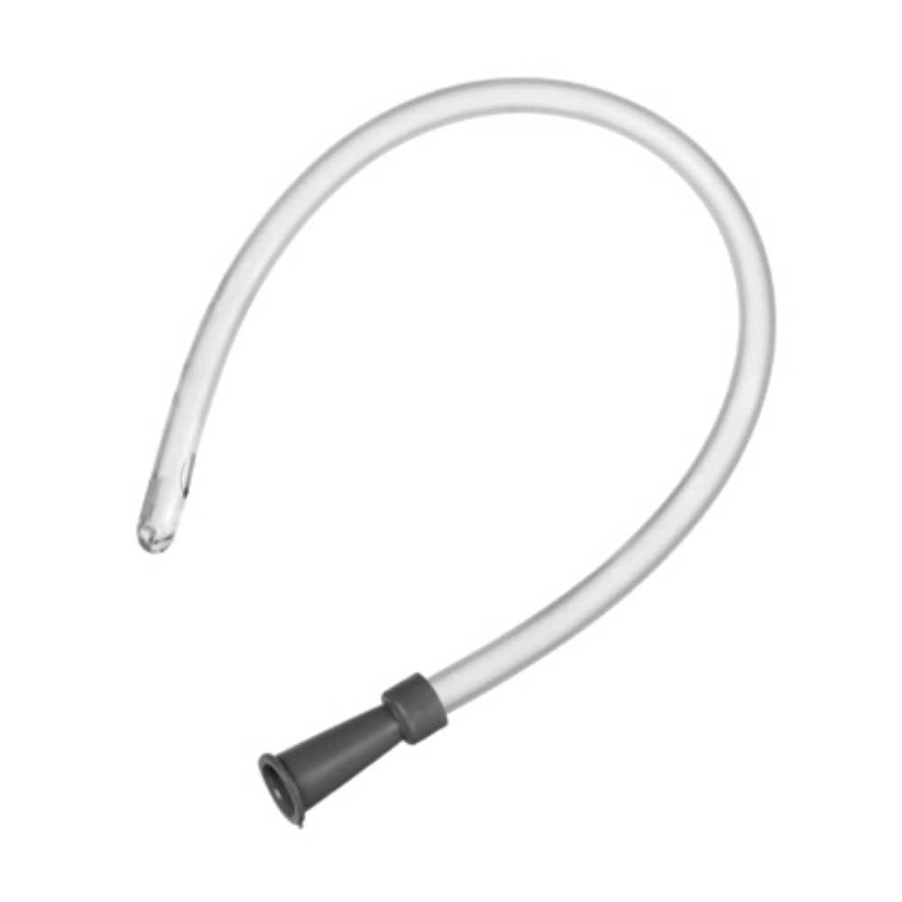 The image shows the B.Braun rectal catheter for irrigation, 40 cm, manufactured by B. Braun Deutschland GmbH & Co. KG. This medical catheter has a smooth tip and a wider funnel-shaped end for irrigation purposes. It has a characteristic gray, translucent appearance at the end and is latex-free.
