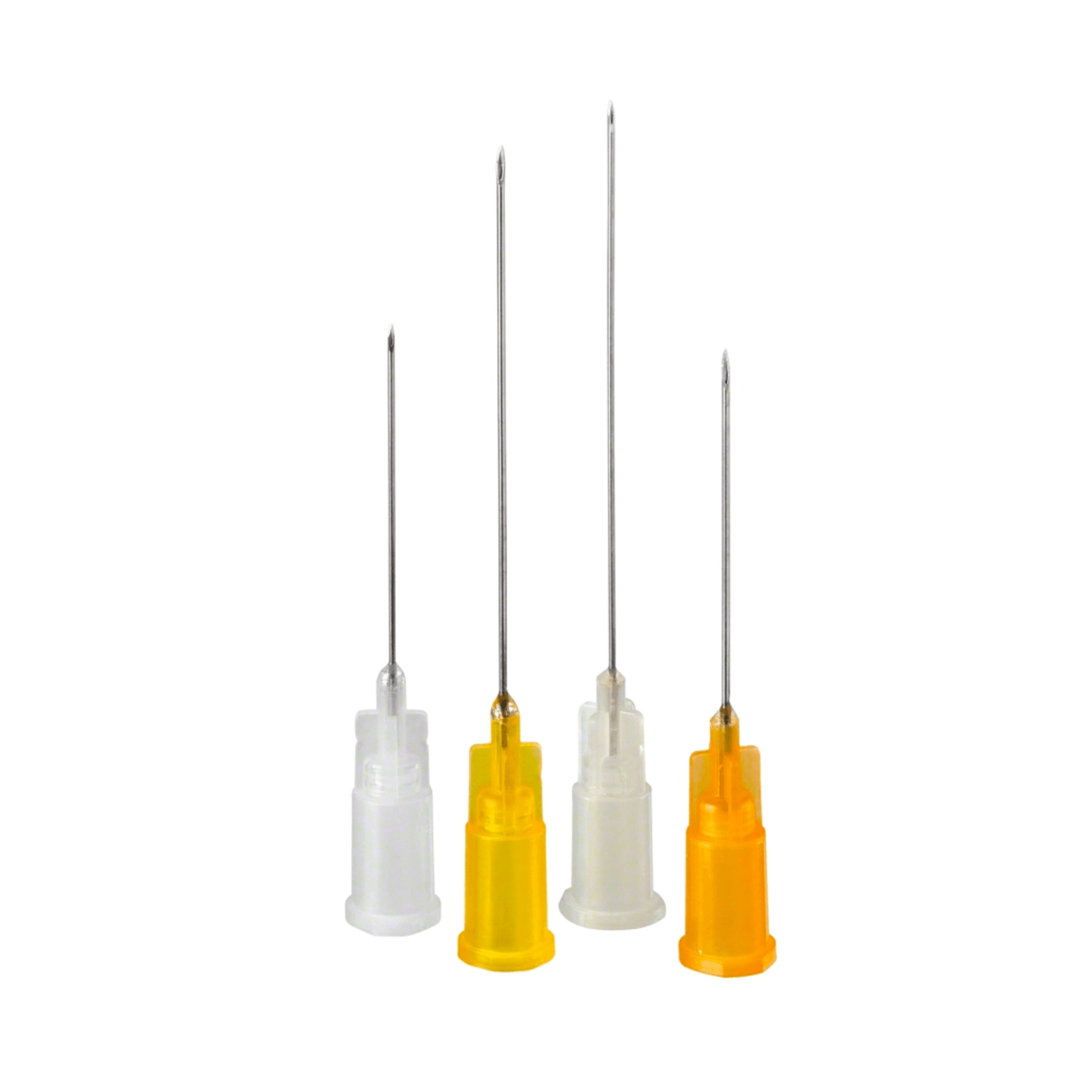 Vier Injektionsnadeln mit farbigen Basen stehen aufrecht. Die Basen ähneln denen der B.Braun Sterican® für Dental-Anästhesie-Produkte und sind weiß, gelb und orange. Diese Einmalkanülen sind für zahnärztliche Anästhesieanwendungen von B. Braun Deutschland GmbH & Co. KG vorgesehen und variieren in der Länge von der kürzesten bis zur längsten.