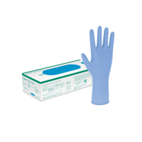 Ein blauer B. Braun Vasco® Guard langer Einweghandschuh, extralang und latexfrei, steht aufrecht neben seiner Verpackungsschachtel. Der schlichte weiße Hintergrund hebt diese Nitril-Butadien-Untersuchungshandschuhe von B. Braun Deutschland GmbH & Co. KG schön hervor.