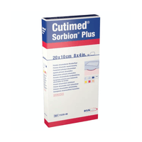 The BSN Cutimed® Sorbion® Plus Wound Contact Layer from BSN Medical GmbH is a medical dressing with an atraumatic wound contact layer designed to promote healing. The package measures 20 x 10 cm (8 x 4 inches) and includes instructions and information in multiple languages. The box is primarily white with blue and red text.