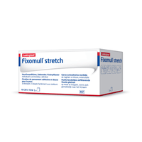 A roll of BSN Elastomull® stretch, an elastic fixation bandage used to secure dressings, comes packaged with multilingual product information and features a blue-and-white design. It measures 10 cm x 10 m and is marked with symbols indicating its function as an elastic adhesive solution.