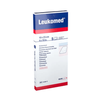 The image shows a box of BSN Leukomed® sterile wound dressings from BSN Medical GmbH. The package measures 10x25 cm (4x10 inches) and contains five sterile adhesive bandages. It features a red-and-blue color scheme and multilingual labeling, indicating that the product is gentle on sensitive skin.