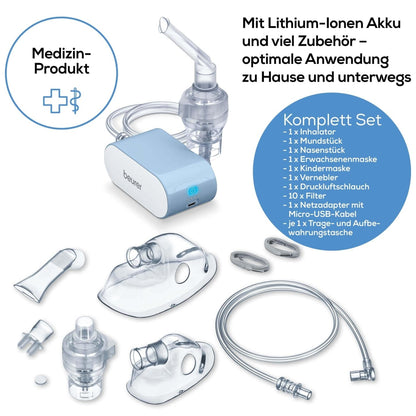 Image shows the Beurer GmbH discontinued product: Beurer small inhaler IH 60 with accessories - adult/child masks, mouthpiece, nose adapter, filter, and charging cable. German text highlights compressor air pressure technology for respiratory diseases.