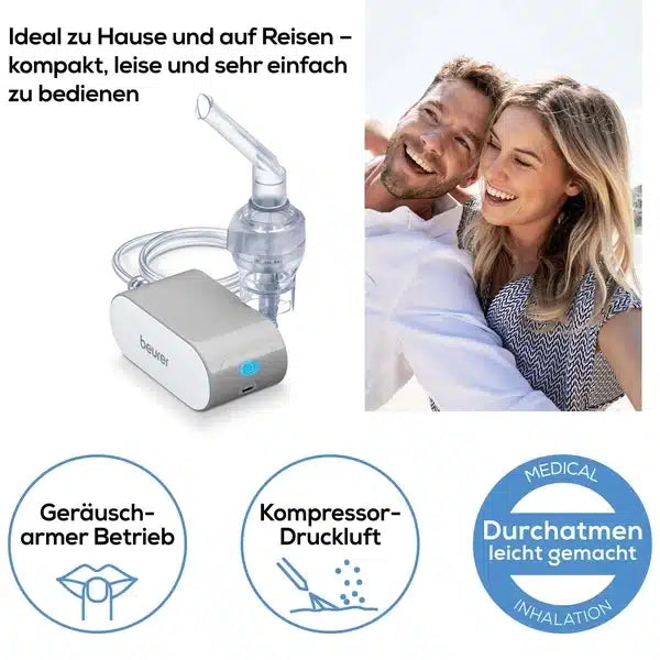 A smiling couple takes a selfie. Above them is the discontinued item from Beurer GmbH: small inhaler IH 58 and a German text describing the quiet application, compressor technology, and easy use for asthma or respiratory diseases at home and on the go.