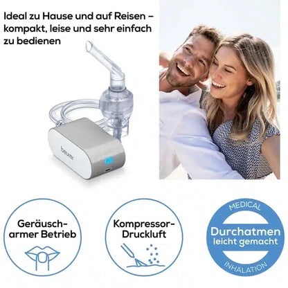 A smiling couple takes a selfie. Above them is the discontinued item from Beurer GmbH: small inhaler IH 58 and a German text describing the quiet application, compressor technology, and easy use for asthma or respiratory diseases at home and on the go.