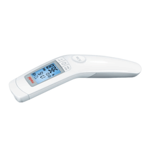 Das Auslaufartikel Medel Temp kontaktloses Fieberthermometer von Beurer GmbH zeigt 36,7 °C auf dem Display und mehrere Tasten - ideal als Infrarotthermometer für Babys & Kleinkinder, Packung (1 Stück), vor weißem Hintergrund fotografiert.