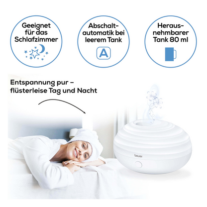Image with a woman peacefully sleeping next to a white, round humidifier in bed. The text on the image highlights the features of the Beurer Aroma Diffuser LA 20: Suitable for the bedroom, automatic shutdown when the tank is empty, and removable 80 ml tank. Next to the gentle glow of the LEDs, the brand name “Beurer GmbH” is visible.