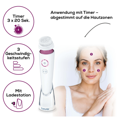 An image shows a white Beurer FC 95 facial brush Pureo Deep Cleansing by Beurer GmbH, with three buttons. Symbols indicate “Timer 3 x 20 sec”, “3 speed levels”, and “With charging station”. Depicted is a woman with the deep cleansing device with numbered facial zones. The text reads “Application with timer – tailored to the skin zones”.