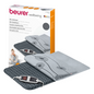 Image of the Beurer HK 125 XXL Heating Pad Cosy Grey Set. The grey heating pad has a plush surface with a simple floral pattern and features an electronic controller with 6 temperature settings. The packaging displays the brand name "Beurer GmbH" and product details in multiple languages, certified according to OEKO-TEX® STANDARD 100.