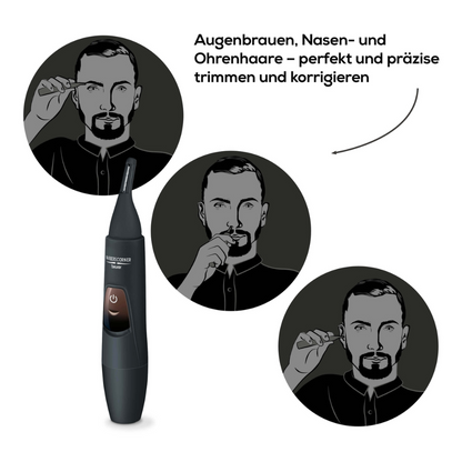 An illustration shows a black Beurer HR 2000 precision trimmer for trimming eyebrows, nose, and ear hair. Around the trimmer are three pictures of a man using it on eyebrows, nose, and ears. The text reads: "Eyebrows, nose, and ear hair – trim and correct perfectly and precisely."