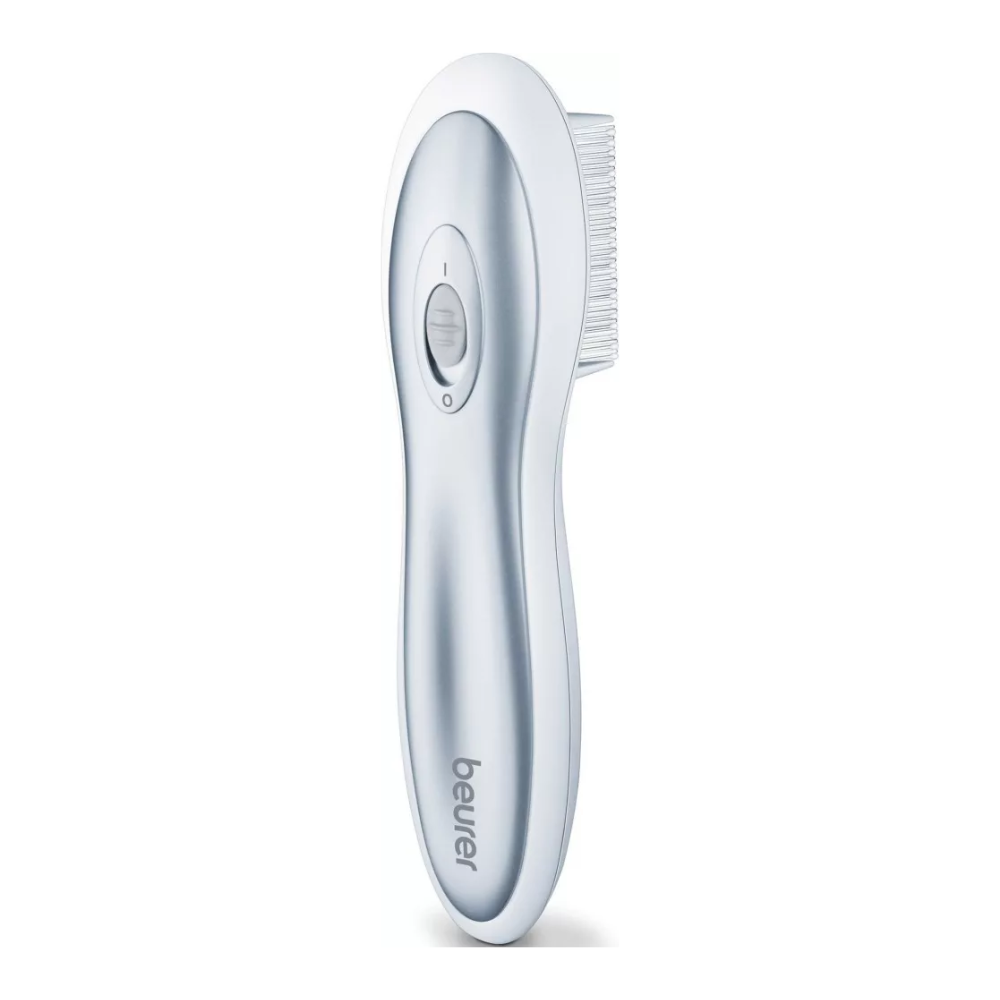 A white electronic lice comb with a silver body and centrally located on/off switch, manufactured by Beurer GmbH. The Beurer HT 15 Electric Pulse Lice Comb offers an effective treatment against head lice without chemicals. The teeth of the comb are partially visible on the right side.