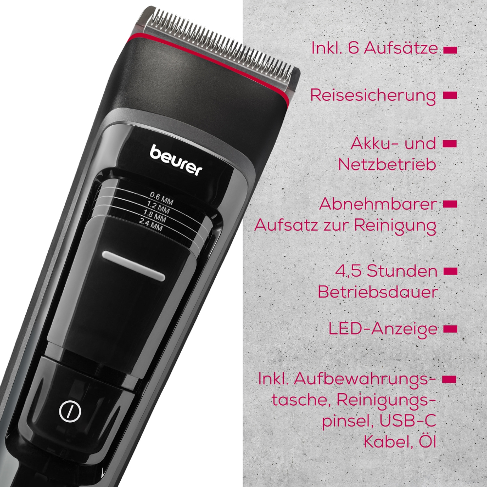 The Beurer hair clipper MN5X from Beurer GmbH is a sleek, black-gray electric hair clipper with 7 attachments and a travel lock. It operates both on battery and mains power, features a stainless steel blade, and has a detachable head for easy cleaning. Enjoy up to 4.5 hours of runtime with the included accessories and detailed functional information in German text.