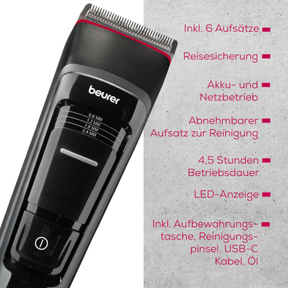 The Beurer hair clipper MN5X from Beurer GmbH is a sleek, black-gray electric hair clipper with 7 attachments and a travel lock. It operates both on battery and mains power, features a stainless steel blade, and has a detachable head for easy cleaning. Enjoy up to 4.5 hours of runtime with the included accessories and detailed functional information in German text.