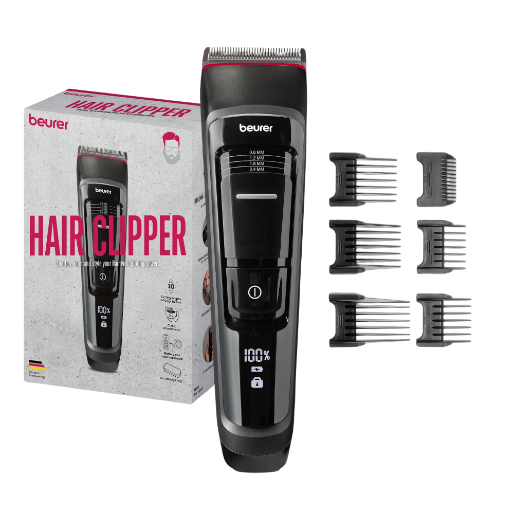 Image of the Beurer hair clipper MN5X set in black. The hair clipper includes seven detachable combs in different sizes. The hair clipper with a stainless steel blade is depicted both as a single product and on the packaging on the left, with the label "Beurer hair clipper MN5X | Package (1 piece)" and a German flag symbol.