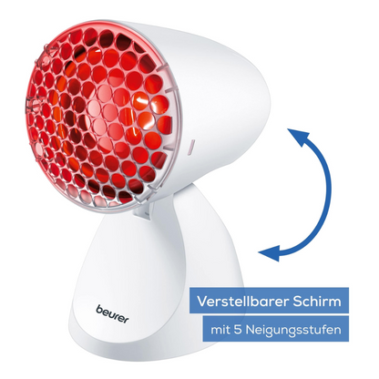 Die Beurer Infrarotlampe IL 11 (Auslaufartikel, 1 Stück) der Beurer GmbH hat eine rote Wabenfront, einen verstellbaren weißen Ständer und den Aufkleber "Verstellbarer Schirm mit 5 Neigungsstufen" - ideal für beruhigende Muskelverspannungen.