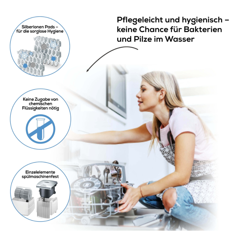 A woman is loading dishes into a dishwasher. A German text highlights the advantages of the Beurer air washer LW 230 White by Beurer GmbH, including silver ion pads for hygiene, effective air purification, no need for additional chemical cleaning agents, and compatibility with individual dishwasher elements.