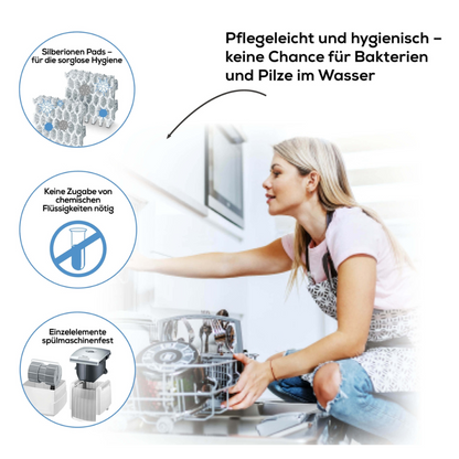 A woman is loading dishes into a dishwasher. A German text highlights the advantages of the Beurer air washer LW 230 White by Beurer GmbH, including silver ion pads for hygiene, effective air purification, no need for additional chemical cleaning agents, and compatibility with individual dishwasher elements.